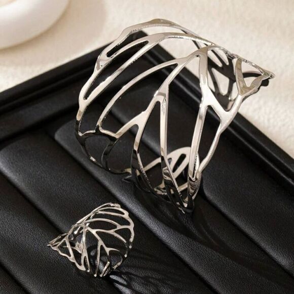 Bangle bracelet & Ring set Metal Leaf Design silver color - Picture 2 of 12